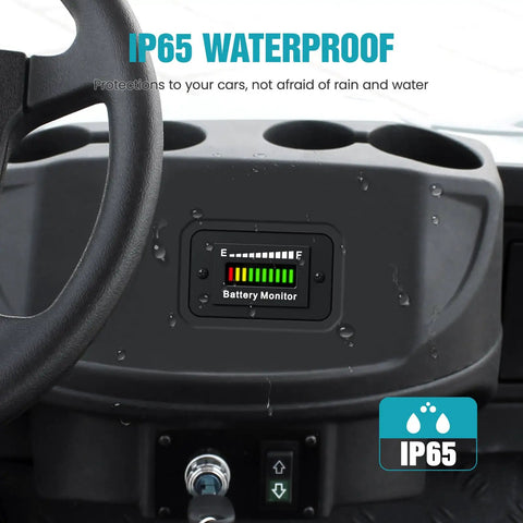 Dashboard mounted 12V 24V 36V 48V 60V 72V Battery Monitor Meter Waterproof LED Battery Capacity Voltage Indicator For Acid And Lithium Batteries Gauge For Golf Cart EZGO Club Car And Most Cars, IP65, showing charge level.