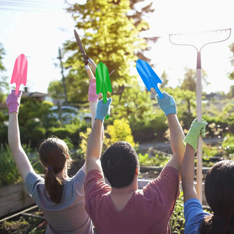 18 Piece Colorful Garden Shovel Set For Teens And Adults Mini Metal Hand Trowels For Planting Weeding Transplanting And Succulents Six Bright Colors Durable Digging Tools 11 By 3 Inches held by gardeners