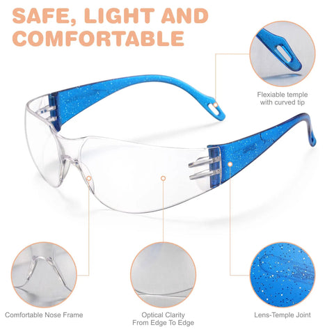Kid Friendly 24 Pack Safety Glasses With Clear Lenses, Scratch Resistant, ANSI Z87.1 Approved, 99% UV Protection, blue twinkle frame