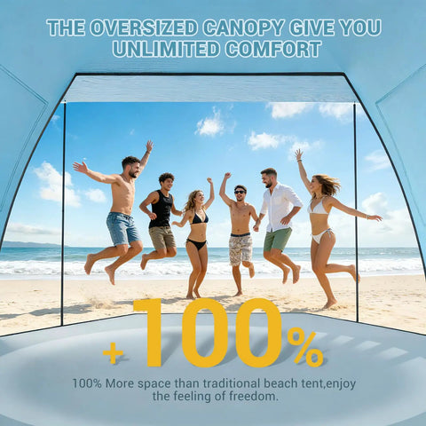 CumbreX Beach Tent Sun Shelter With Canopy For 6 To 8 People providing shade for group on beach, sky blue canopy view.