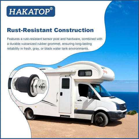 RV with ocean view; focus on 10 Pack RV Water Tank Probe Sensors Screw In Water Level Sensors for tank replacement and gauge systems.