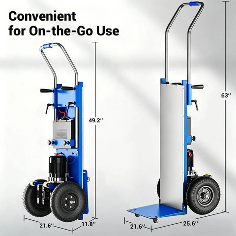 Heavy Duty Electric Stair Climbing Dolly, 1300W Powered Hand Truck with dimensions 49.2" height and 21.6" width.