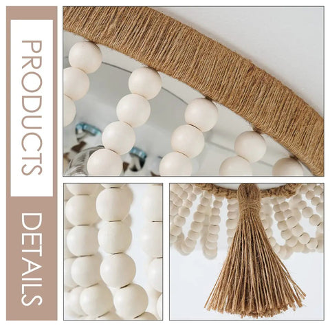 Boho Wood Beaded Flush Mount Ceiling Light Three Light Mini Round Chandelier White For Bedroom Kitchen Island Entryway Rustic Antique Farmhouse Vibe Style