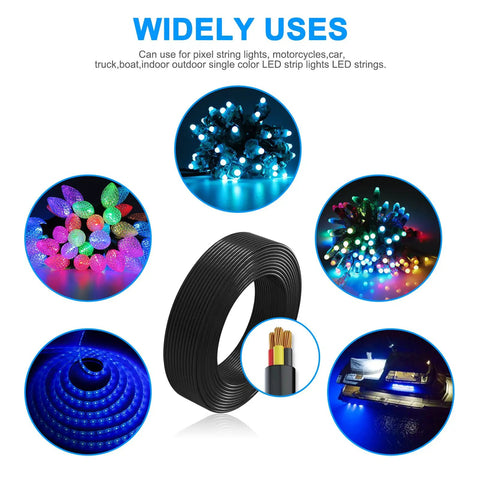 18 AWG 3 Conductor Extension Wire 100ft Copper Grounded RVV Cord displayed with various LED lighting uses.