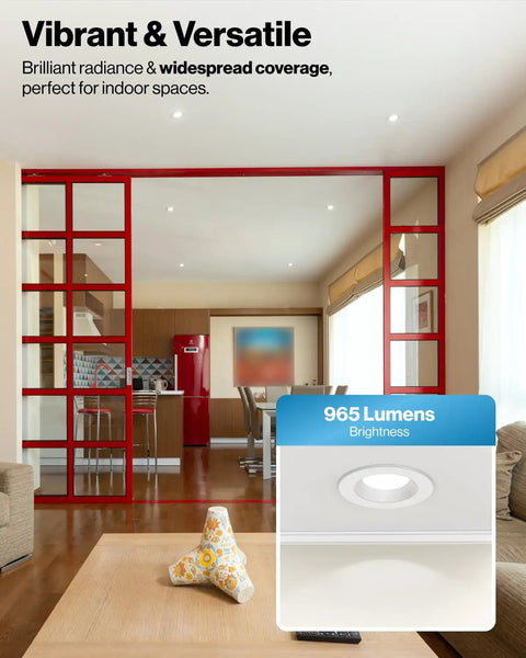 Living room with Six Pack Retrofit LED Recessed Lighting 4 Inch Kit, 3000K Warm White, 965 lumens brightness display