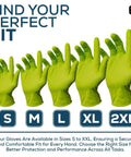 Beefy Eight Mil Green Nitrile Gloves Bulk Bucket Five Hundred Count Extra Large different sizes displayed for perfect fit.