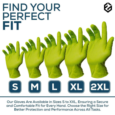 Beefy Eight Mil Green Nitrile Gloves Bulk Bucket Five Hundred Count Extra Large different sizes displayed for perfect fit.
