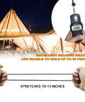 Hands stretching 50 Pack 6 Inch Bungee Cords With Balls For Camping Tents Tarps Canopies And Outdoor Gear Elastic String Ties UV Resistant Tarp Tie Down Kit For Secure Setup, demonstrating stretch to 13 inches, tent setup, and 22-pound weight support.