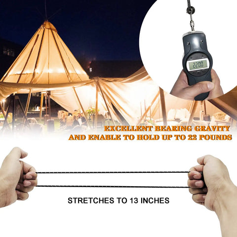 Hands stretching 50 Pack 6 Inch Bungee Cords With Balls For Camping Tents Tarps Canopies And Outdoor Gear Elastic String Ties UV Resistant Tarp Tie Down Kit For Secure Setup, demonstrating stretch to 13 inches, tent setup, and 22-pound weight support.