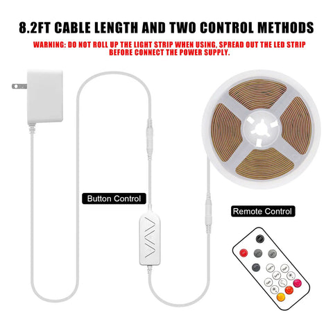 White COB LED Strip Light Max With RF Remote 16.4ft 6500K CRI93+ dimmable system with button and remote controls visible