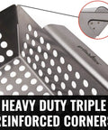 Close-up of Premium Stainless Steel Grill Basket showing heavy duty triple reinforced corners for extra durability.