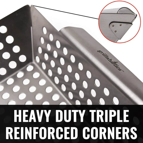 Close-up of Premium Stainless Steel Grill Basket showing heavy duty triple reinforced corners for extra durability.