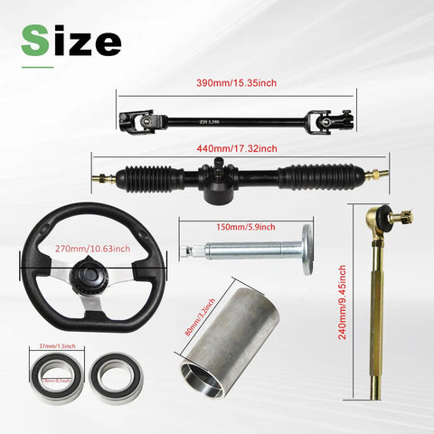 Go Kart Steering Kit With 390Mm Shaft 440Mm Rack And Pinion 270Mm Steering Wheel 150Mm Steering Column And 80Mm Sleeve For Buggy Quad Go Kart Golf UTV components layout