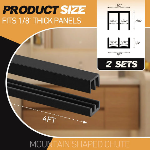 Two Sets Four Foot Sliding Door Tracks For One Eighth Inch Thick Panels For Closet Glass Doors And Plastic Cabinets In Black Finish Includes Upper And Lower Rails A Complete Sliding Door Hardware Set For Pantries, Wardrobes, And Cabinet Doors, showing track dimensions.