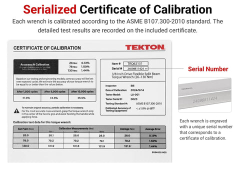 Serialized certificate of calibration for Half Inch Drive Torque Wrench With 72-Tooth Split Beam, 40-250 Ft-Lb Range, Serialized And ASME Calibrated.