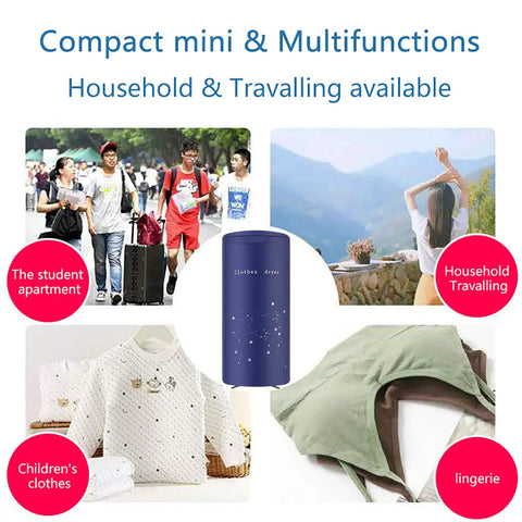 Portable Travel Clothes Dryer 900W Compact Electric Dryer for Apartments, Foldable, shown in multiple environments and functions.