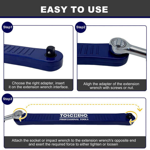 Pro Zero Offset Extension Wrench Set showing adapter attachment steps, durable aluminum build, universal adapters, easy-to-use guide.