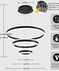 Modern Dimmable LED Chandelier With Dope 3 Ring Adjustable Pendant Lights For Living Room, Bedroom, And Dining Room - Remote Control, Contemporary Hanging Ceiling Fixture In Black, Aluminum And Acrylic, Height Adjustable DIY Design with size specifications and features.