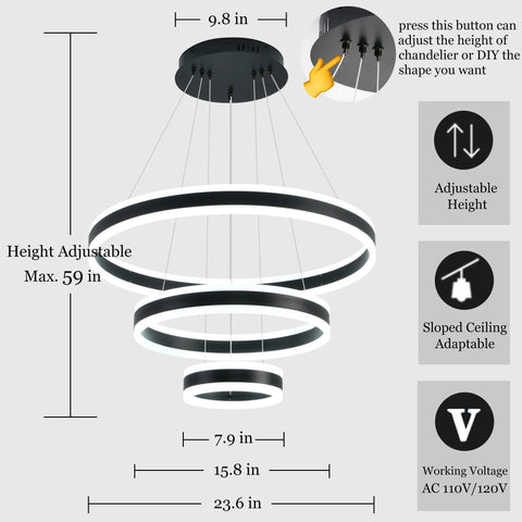Modern Dimmable LED Chandelier With Dope 3 Ring Adjustable Pendant Lights For Living Room, Bedroom, And Dining Room - Remote Control, Contemporary Hanging Ceiling Fixture In Black, Aluminum And Acrylic, Height Adjustable DIY Design with size specifications and features.