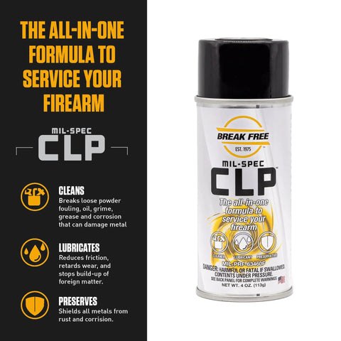 CLP Gun Cleaner Lubricant Preservative Spray With Synthetic Oil, 4 oz Aerosol, details on cleaning, lubricating, and preserving.