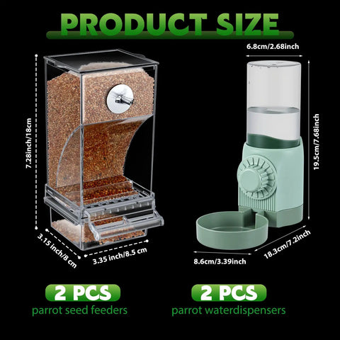 No Sweat Bird Feeder And Water Dispenser Set For Parrot Cages featuring two acrylic seed feeders and two green water dispensers.