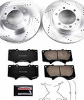 Power Stop front brake kit with drilled and slotted rotors and ceramic pads; includes 2 rotors and 4 pads.