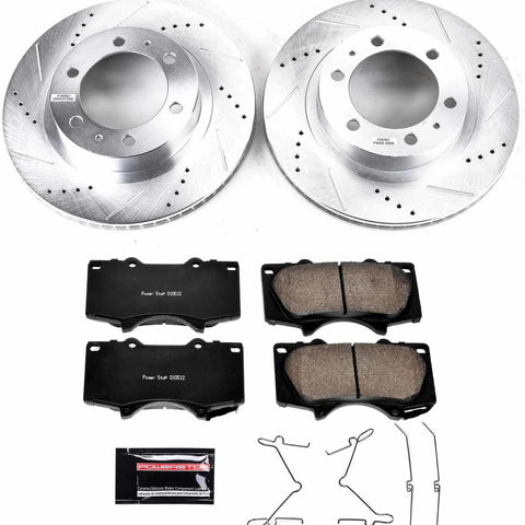 Power Stop front brake kit with drilled and slotted rotors and ceramic pads; includes 2 rotors and 4 pads.