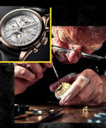 Watchmaker using precision tools to repair a luxury wristwatch, featuring close-up views of the watch and watchmaker at work.