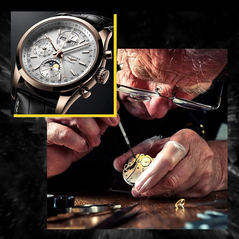 Watchmaker using precision tools to repair a luxury wristwatch, featuring close-up views of the watch and watchmaker at work.