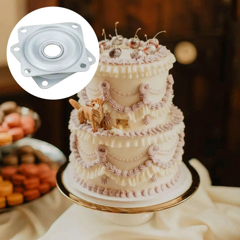 Boss Level 2 Inch Square Lazy Susan Turntable Bearings, 5 Pack Galvanized Steel Swivel Plates For Kitchen Island And Vanity Tops, Rust Proof Ultra Smooth Rotation Base Hardware on display with a cake.