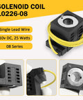 Solenoid Coil 10V DC 25W For Valve Stem Series 08 80 88 98 In Hydraulic Power Unit Lift Dump Systems Built Tough For Dump Trailers Snow Plows Hoists Haulers And More, black component with yellow wire.
