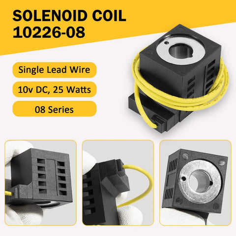 Solenoid Coil 10V DC 25W For Valve Stem Series 08 80 88 98 In Hydraulic Power Unit Lift Dump Systems Built Tough For Dump Trailers Snow Plows Hoists Haulers And More, black component with yellow wire.
