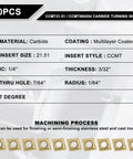 Front label view: carbide CCMT060204 turning inserts, 10pcs, multilayer coated; IC 1/4", 3/32" thick, 7/64" hole, 1/64" radius
