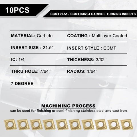 Front label view: carbide CCMT060204 turning inserts, 10pcs, multilayer coated; IC 1/4", 3/32" thick, 7/64" hole, 1/64" radius