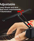 Led Piano Light for Upright Pianos with ambient mood lighting and adjustable arm and shade tilt for optimal illumination.