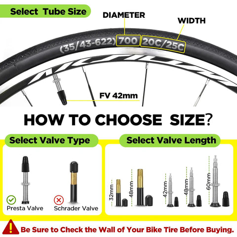 Guide on selecting tube size and valve type for Two Pack 700c Road Bike Inner Tubes 700x20c To 700x25c With 42mm Presta Valve Butyl Rubber.