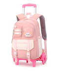 Front view of a pink Cat Print Rolling Backpack for Girls and Kids with Wheels, featuring durable nylon and kid-friendly design.
