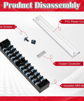 Disassembled view of 20 Pcs 10 Sets Terminal Block 12 Position Dual Row 15A 600V Screw Terminal Strip with copper conductor and cover.