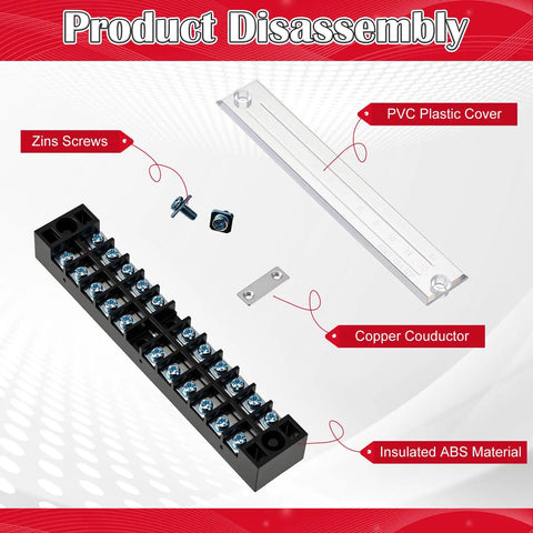 Disassembled view of 20 Pcs 10 Sets Terminal Block 12 Position Dual Row 15A 600V Screw Terminal Strip with copper conductor and cover.