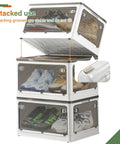 Large Capacity Shoe Storage Bin With Lids Stackable Plastic Organizer For Entryway Hallway Garage Space Saving Foldable Shoe Rack Keeps Kicks Tidy In White stacked with visible sneakers inside