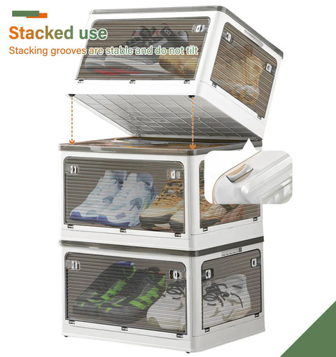 Large Capacity Shoe Storage Bin With Lids Stackable Plastic Organizer For Entryway Hallway Garage Space Saving Foldable Shoe Rack Keeps Kicks Tidy In White stacked with visible sneakers inside