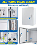 12 By 10 By 6 Inch Steel Electrical Junction Box NEMA 4X Indoor Outdoor Enclosure Waterproof Dustproof Wall Mounted With Lock And Mounting Plate For Versatile Indoor Outdoor Use showing door locks and mounting features.