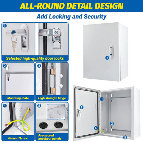 12 By 10 By 6 Inch Steel Electrical Junction Box NEMA 4X Indoor Outdoor Enclosure Waterproof Dustproof Wall Mounted With Lock And Mounting Plate For Versatile Indoor Outdoor Use showing door locks and mounting features.