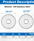 Two stainless steel fender washers, 3/16 in ID, 3/4 in OD, 0.04 in thick