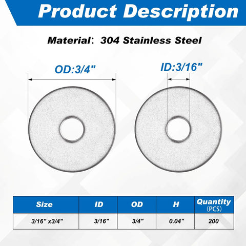 Two stainless steel fender washers, 3/16 in ID, 3/4 in OD, 0.04 in thick