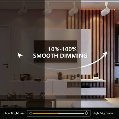Living room with Three Color Temperature 20W LED Track Lighting Heads Dimmable Flicker Free, demonstrating 10-100% dimming range.