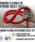 Heavy Duty 3/8 Inch By 50 Ft Hybrid Air Compressor Hose With 300 Psi Max Pressure And Solid Brass Fittings That Is Kink Proof Lightweight and remains flexible in extreme cold.