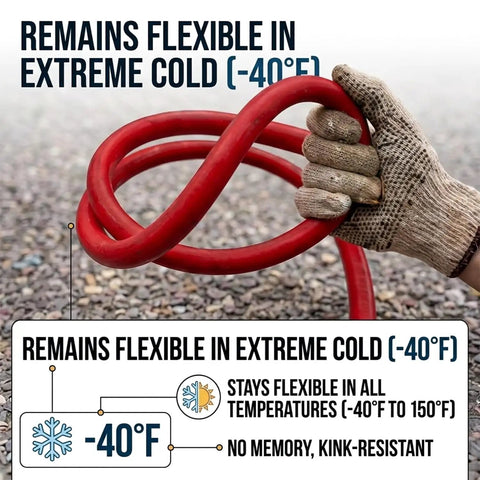 Heavy Duty 3/8 Inch By 50 Ft Hybrid Air Compressor Hose With 300 Psi Max Pressure And Solid Brass Fittings That Is Kink Proof Lightweight and remains flexible in extreme cold.