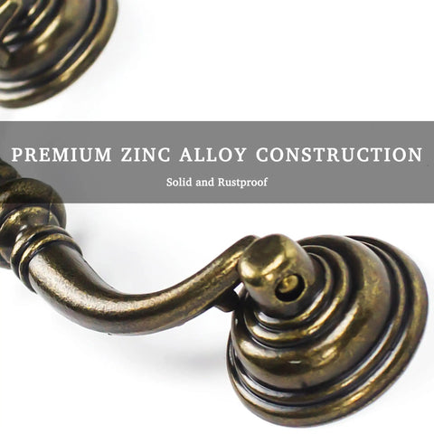 Close-up of Antique Brass Drop Bail Cabinet Handles showing premium zinc alloy construction for kitchen cupboard hardware.