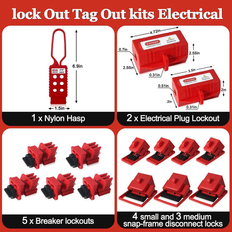 Industrial Lockout Tagout Kit For Electrical Safety With Locks And Clamp On Breaker Locks, nylon hasp, plug lockout, breaker locks